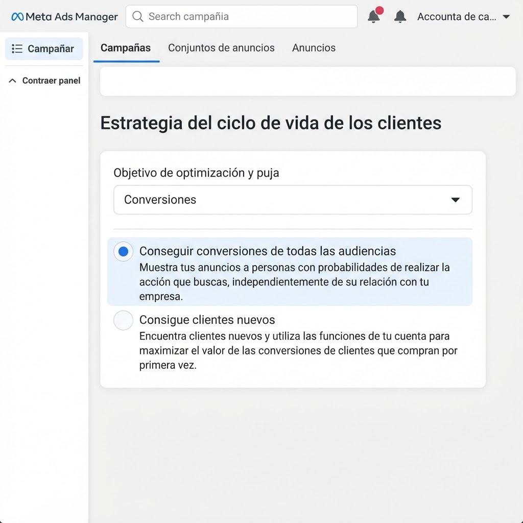 Nueva función Estrategia del ciclo de vida de los clientes en Meta Ads Manager 2026